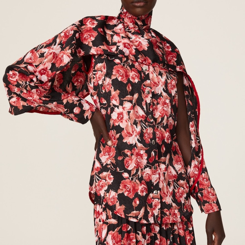 Thebe Magugu Size XS Black Pink Floral Nightmare Floral Tie Mock Neck Blouse